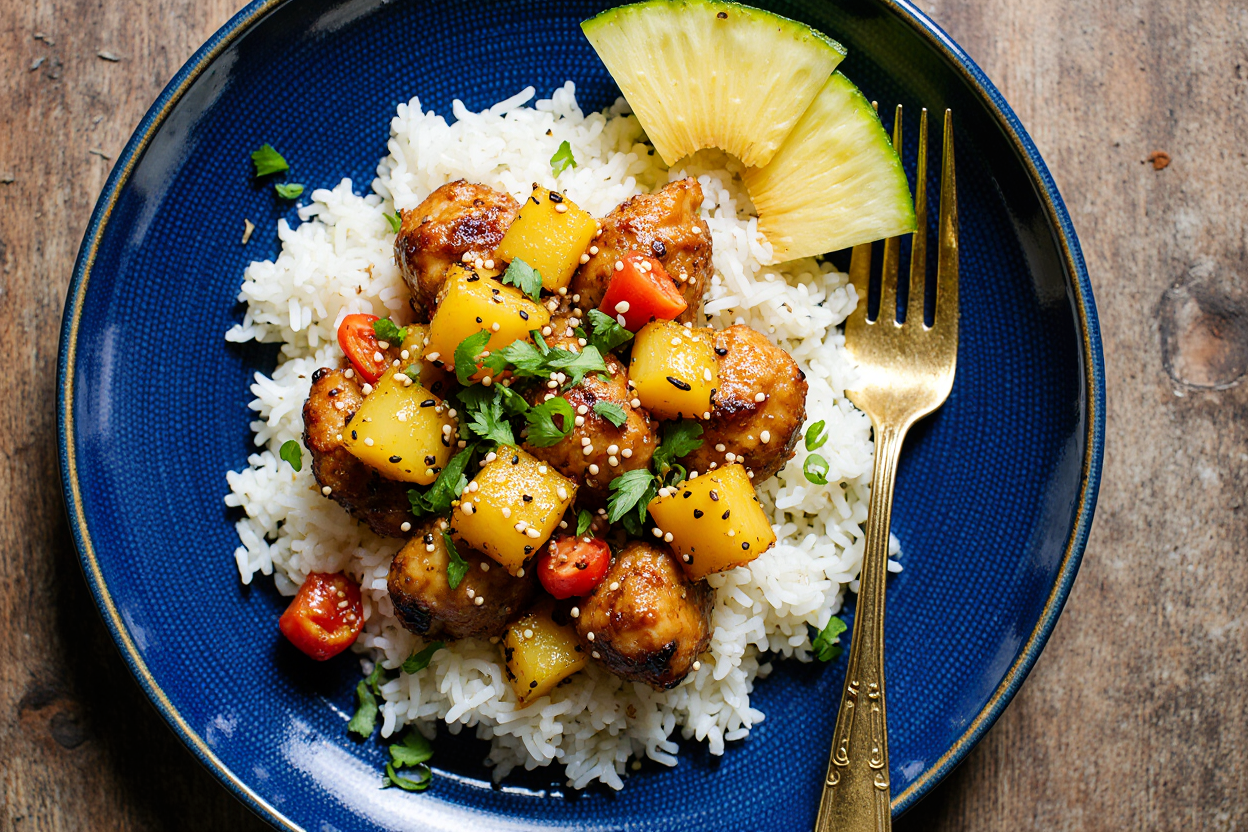 : A vibrant hero image for a pineapple chicken and rice recipe: overhead wide shot on a rustic wooden table, blue ceramic plate piled with fluffy jasmine rice topped with glossy honey-soy glazed chicken bites, bright yellow pineapple chunks, crisp red bell pepper dice, garnished with chopped green onions and sesame seeds. Steam rising subtly, two fresh pineapple wedges on side, gold fork, warm natural sunlight filtering in, professional food photography style with shallow depth of field, high detail, appetizing colors, 3:2 landscape.