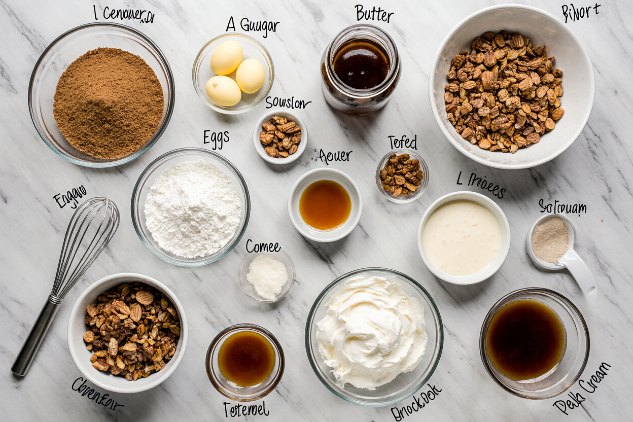 Toffee Crunch Cake (Best Layer Cake with Crunchy Toffee Sauce) 6 Photorealistic flat lay of Toffee Crunch Cake ingredients arranged beautifully on a marble countertop: bowls of brown sugar, softened butter, eggs, sour cream, cake flour, toffee bits, pecans, cream cheese, and a jar of salted caramel sauce. Include mixing bowls, whisk, and vanilla extract bottle for context. Soft natural light from above, subtle shadows, clean composition with labels on key items like "brown sugar" and "toffee bits," aspect ratio 3:2, professional recipe blog style, fresh and organized.