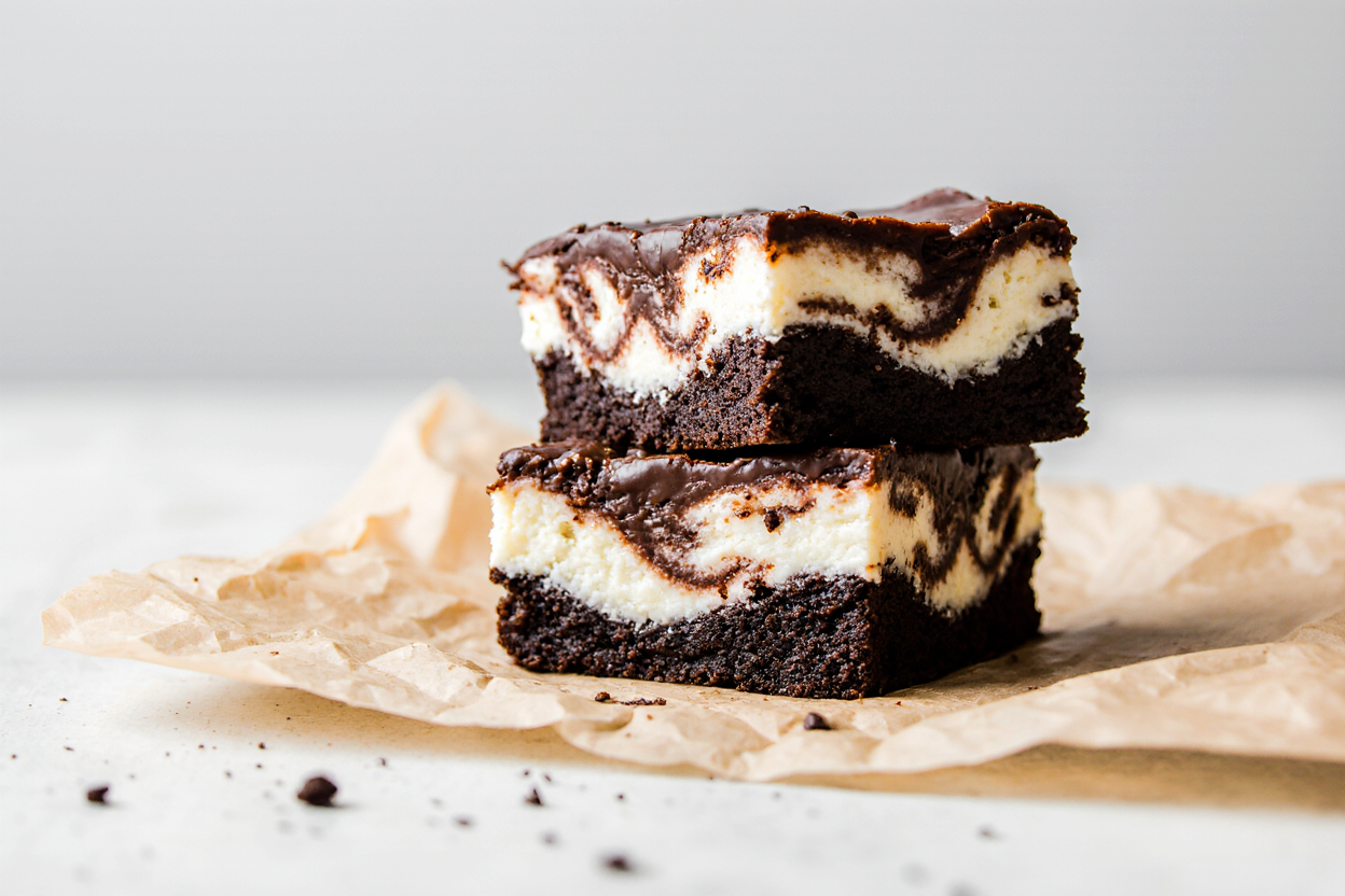 Best Fudgy Cheesecake Brownies Recipe (Easy Swirl & Pro Tips) 6 A stunning close-up stack of three fudgy cheesecake brownies on crinkled parchment paper, showcasing beautiful chocolate marbled swirls on creamy white cheesecake topping over dense brownie base, rich glossy chocolate shine, soft natural light, food photography style, high resolution, appetizing textures, 16:9 aspect ratio