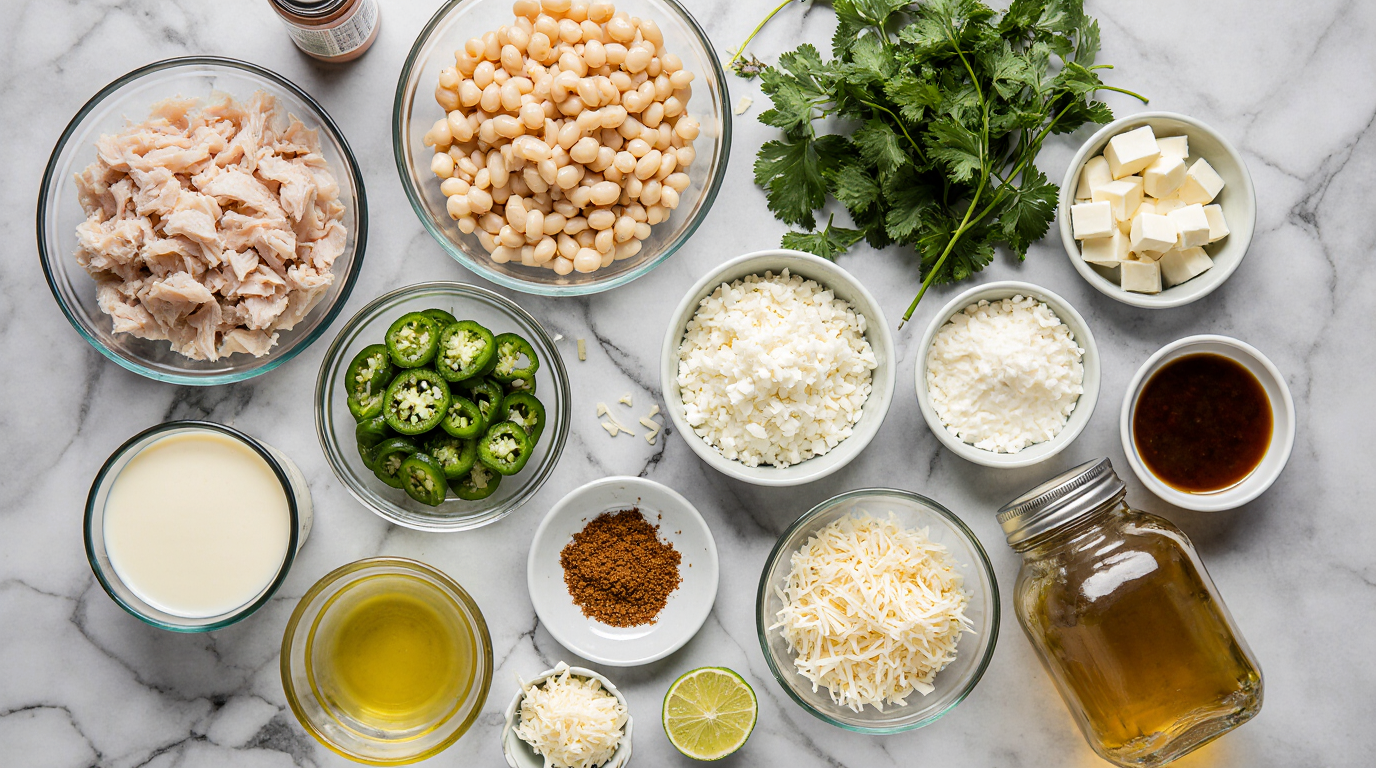 Vibrant flat-lay overhead composition of ingredients for creamy jalapeño white chicken chili arranged neatly on a light marble surface: bowls of diced onion, fresh green jalapeños, minced garlic, shredded rotisserie chicken, cans of white beans, chicken broth carton, cubes of cream cheese, shredded cheddar, spices like cumin and chili powder in small dishes, olive oil bottle. Fresh cilantro sprigs and lime halves for color. Bright natural daylight lighting, clean minimalist food styling, sharp focus on textures, Pinterest-optimized, aspect ratio 3:2.