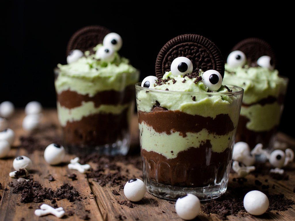 Spooky & Delicious: Zombie Dirt Pudding Cups for Halloween Parties 2 /imagine prompt: Zombie Dirt Pudding Cups Halloween treat with layers of rich chocolate pudding, crushed mint Oreo cookies resembling dirt, topped with green-tinted whipped cream, large and small candy eyeballs scattered on top, optional bone and skeleton sprinkles for extra spooky effect, cups arranged on a rustic wooden table with cobwebs and small Halloween decorations around, warm soft lighting casting eerie shadows, festive and playful Halloween party vibe, Photography, Canon EOS R5, 85mm f/1.4 lens, shallow depth of field highlighting textures and details, --ar 16:9 --v 5