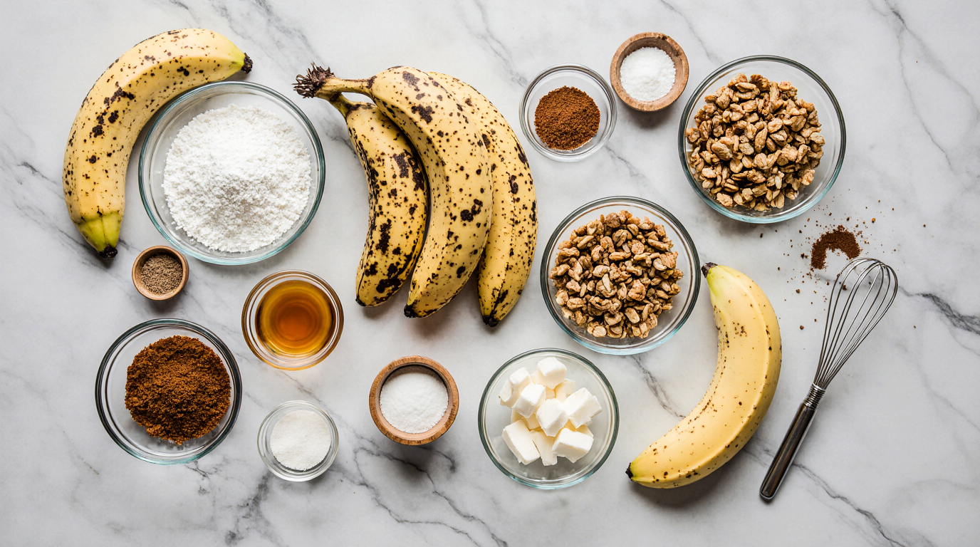 Moist Banana Walnut Cake Recipe (Easy & Ultra Moist!) 6 Photorealistic overhead flatlay of all ingredients for moist banana walnut cake artfully arranged on marble counter: cluster of 4 black-spotted overripe bananas, small glass bowl of 1.5 cups mashed banana puree, pile of 1.25 cups chopped toasted walnuts, sticks of softened butter, measuring cups with granulated sugar brown sugar sour cream, eggs in carton, glass jars of flour baking powder soda cinnamon, small bowls of vanilla extract cream cheese powdered sugar, 9x13 baking pan and whisk as accents, soft morning light soft shadows clean food blog styling, aspect ratio 3:2.