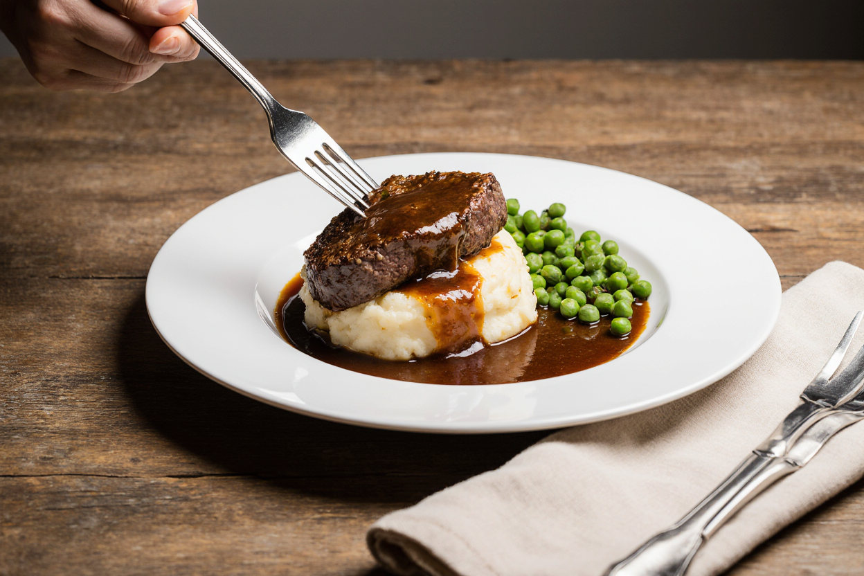 Old Fashioned Swiss Steak Recipe - Tender & Easy Comfort Food 6 Serving platter of Swiss Steak over buttery mashed potatoes, rich gravy cascading, green peas side, fork in meat, wooden table with napkin, inviting dinner scene, soft focus background, 3:2 vertical.