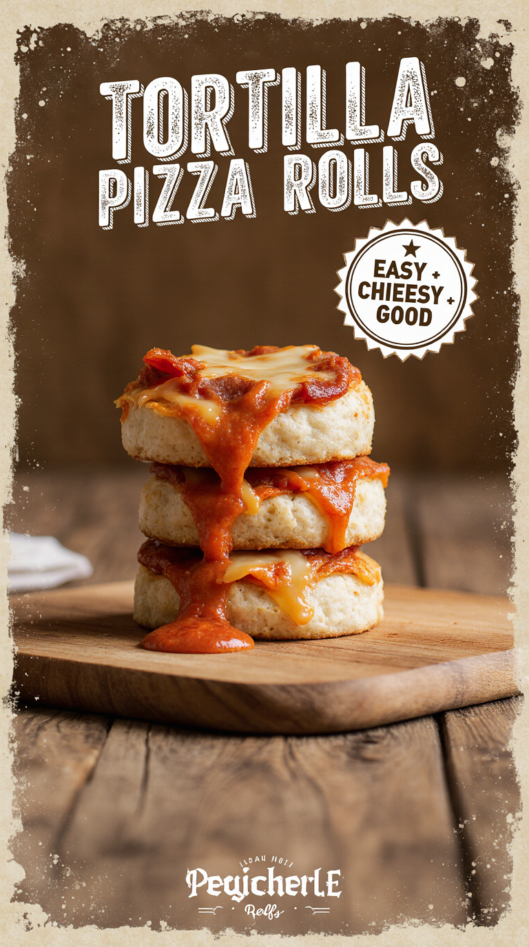Create a bright, appetizing food photo featuring freshly baked tortilla pizza rolls stacked on a wooden board. Each roll should have visible layers of melted cheese, pepperoni, and marinara sauce. Add a warm, cozy kitchen background with soft natural lighting and shallow depth of field. Include attractive Pinterest-style text in a bold retro badge that reads: ‘TORTILLA PIZZA ROLLS’ with a smaller subtitle ‘Easy · Cheesy · Addictively Good’. Make the layout clean, vibrant, and perfect for a viral recipe pin.”