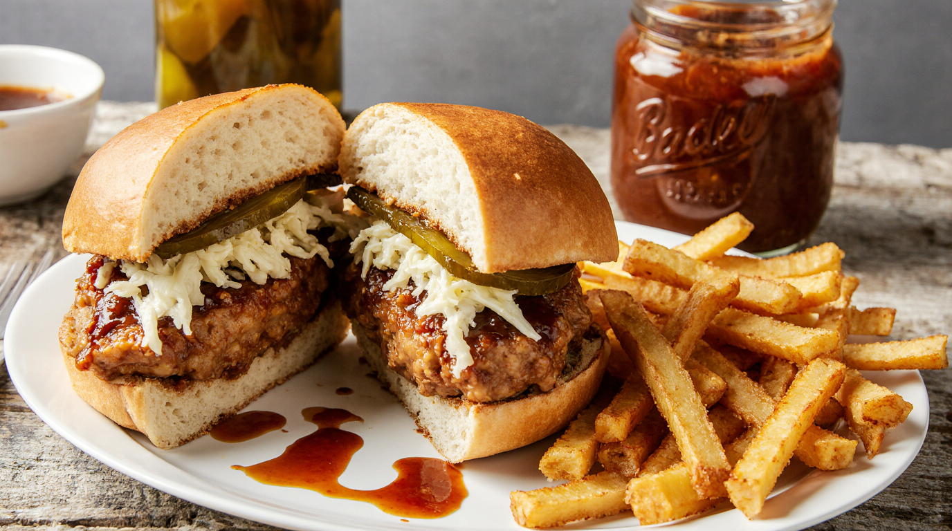 Slow Cooker Hot Honey Chicken Sandwiches (Easy Crockpot Recipe) 7 Rustic table scene with assembled sandwich cut in half revealing layers: saucy chicken, pickles, coleslaw on bun, side of waffle fries, pickle jar, sauce drizzle, multiple angles implied, vibrant colors, 16:9.
