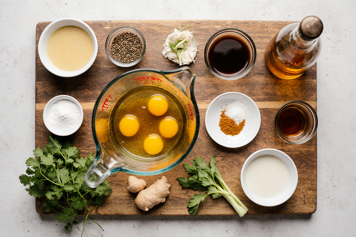 Egg Drop Soup Recipe (Restaurant-Style in 15 Minutes) 7 Photorealistic overhead close-up of egg drop soup ingredients arranged neatly on a rustic wooden board: 4 cups clear chicken broth in a glass measuring cup, 3 beaten eggs in a white bowl, cornstarch slurry in a small glass, sesame oil bottle, soy sauce, white pepper shaker, salt cellar, sliced green onions, fresh grated ginger knob, pinch of golden turmeric powder. Soft natural kitchen window light, subtle steam from broth, vibrant colors, appetizing textures, 3:2 aspect ratio, sharp focus, mouthwatering food styling.