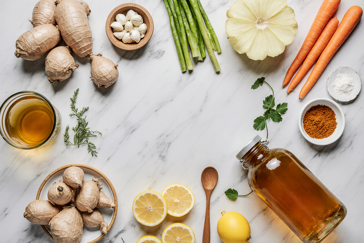 Photorealistic flat lay composition of fresh ingredients for healing ginger garlic broth arranged artfully on a white marble surface: whole fresh ginger roots, peeled garlic cloves, yellow onion halves, sliced carrots and celery, lemon wedges, bay leaves, turmeric powder in small bowl, olive oil bottle, vegetable broth carton. Subtle steam hints at freshness, soft shadows, top-down view with wooden spoon and measuring cups. Bright natural daylight, appetizing colors pop, professional recipe photo style, 3:2 aspect ratio.