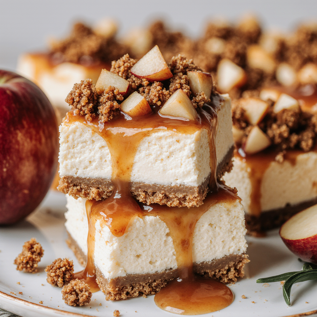 Best Caramel Apple Cheesecake Bars Recipe (Easy Streusel Fall Dessert) 5 Single caramel apple cheesecake bar on a white dessert plate garnished with apple slice and cinnamon stick, fork cutting in revealing layers, soft bokeh background with more bars, elegant food styling, photorealistic, 1:1