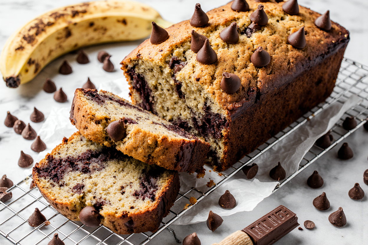 Hot oven-fresh super moist chocolate chip banana bread loaf in pan, domed golden top with cracks, chocolate chips melted on surface, steam escaping, cooling rack waiting, irresistible aroma implied.
