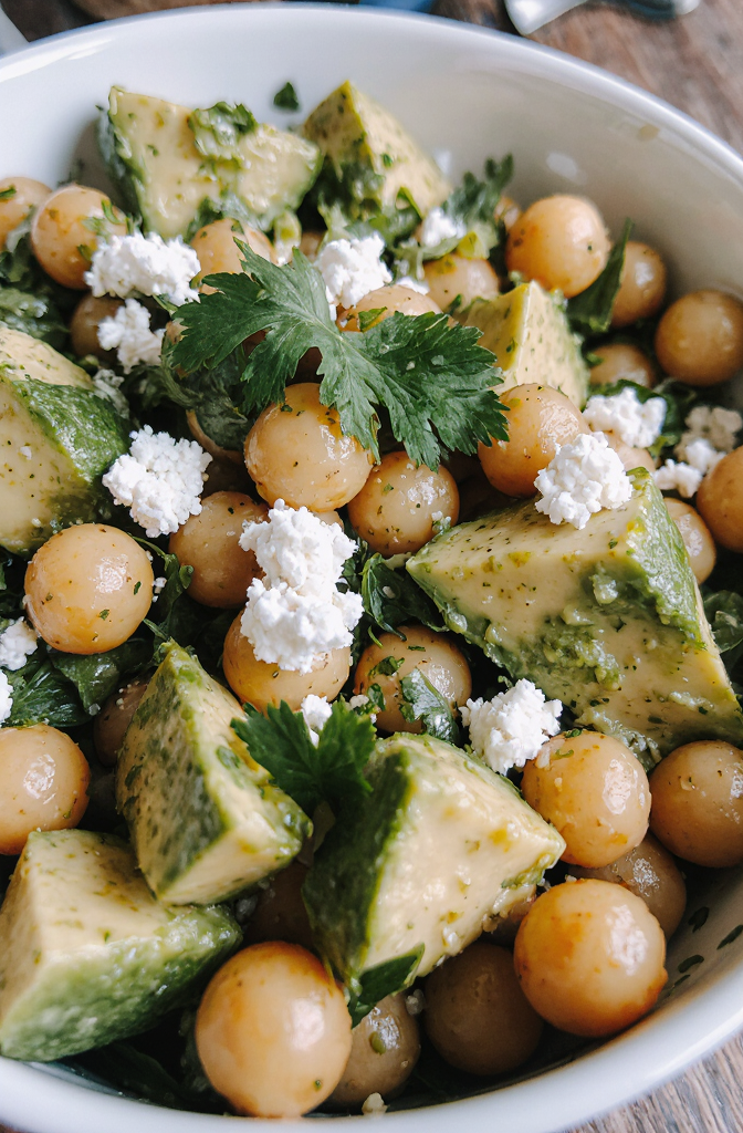 Fresh chickpea salad with avocado, creamy feta cheese, and spicy herbs | Amateur zoomed-in close-up from Reddit, taken on iPhone 17 Pro during the day from the side. Shot by amateur. Delicious fresh homemade chickpea salad with creamy avocado, tangy feta cheese, and a bunch of fresh herbs, drizzled with a zesty lemon dressing, perfect for a light appetizer or side dish. --iw 3