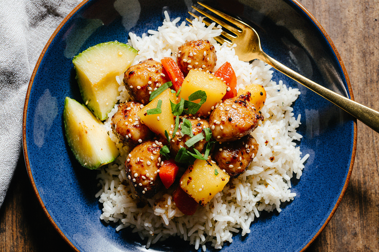 : A vibrant hero image for a pineapple chicken and rice recipe: overhead wide shot on a rustic wooden table, blue ceramic plate piled with fluffy jasmine rice topped with glossy honey-soy glazed chicken bites, bright yellow pineapple chunks, crisp red bell pepper dice, garnished with chopped green onions and sesame seeds. Steam rising subtly, two fresh pineapple wedges on side, gold fork, warm natural sunlight filtering in, professional food photography style with shallow depth of field, high detail, appetizing colors, 3:2 landscape.