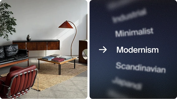 Interior design style exploration with multiple decor and color directions