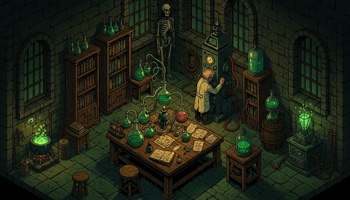 Isometric view of mad scientist laboratory interior