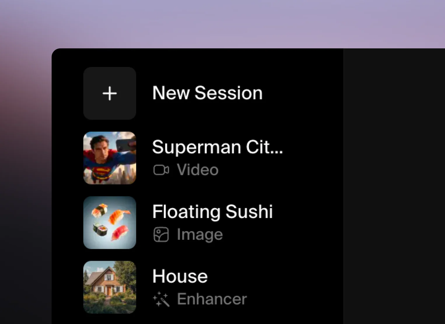 Global session search showing past projects across all tools