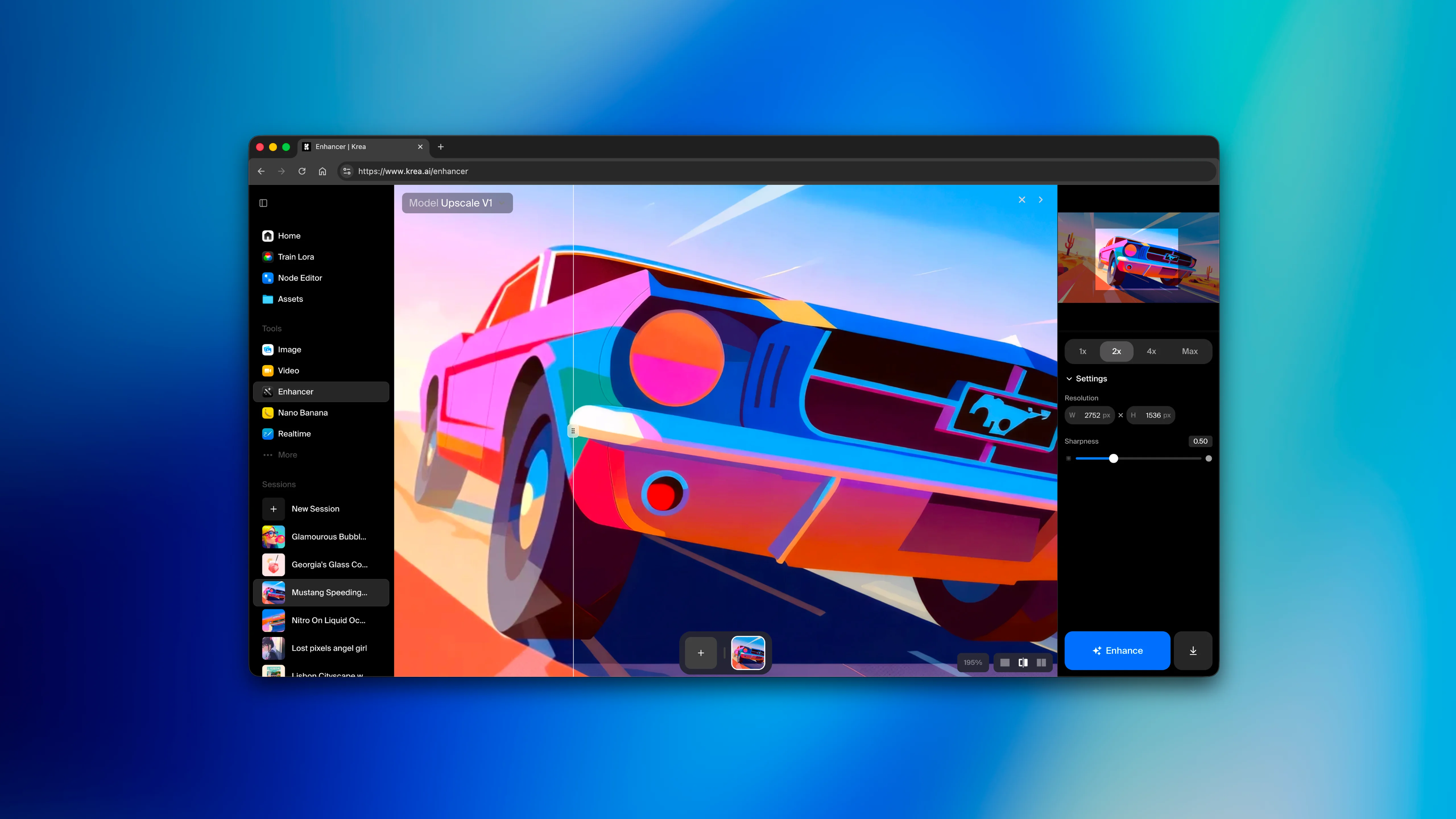 Krea's enhancer with side-by-side comparison and compact settings