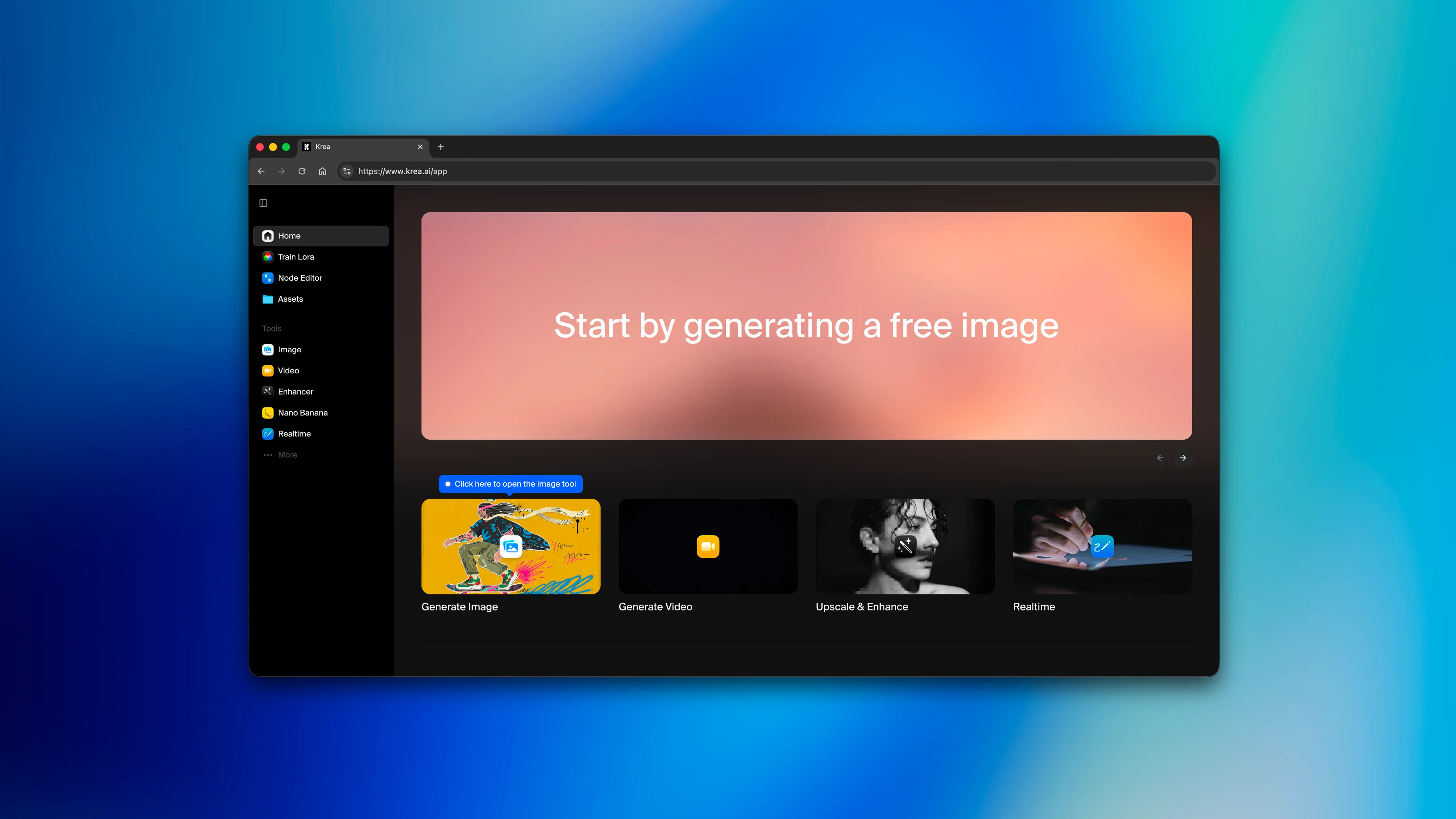 Krea's redesigned home page with quick access to all creative tools