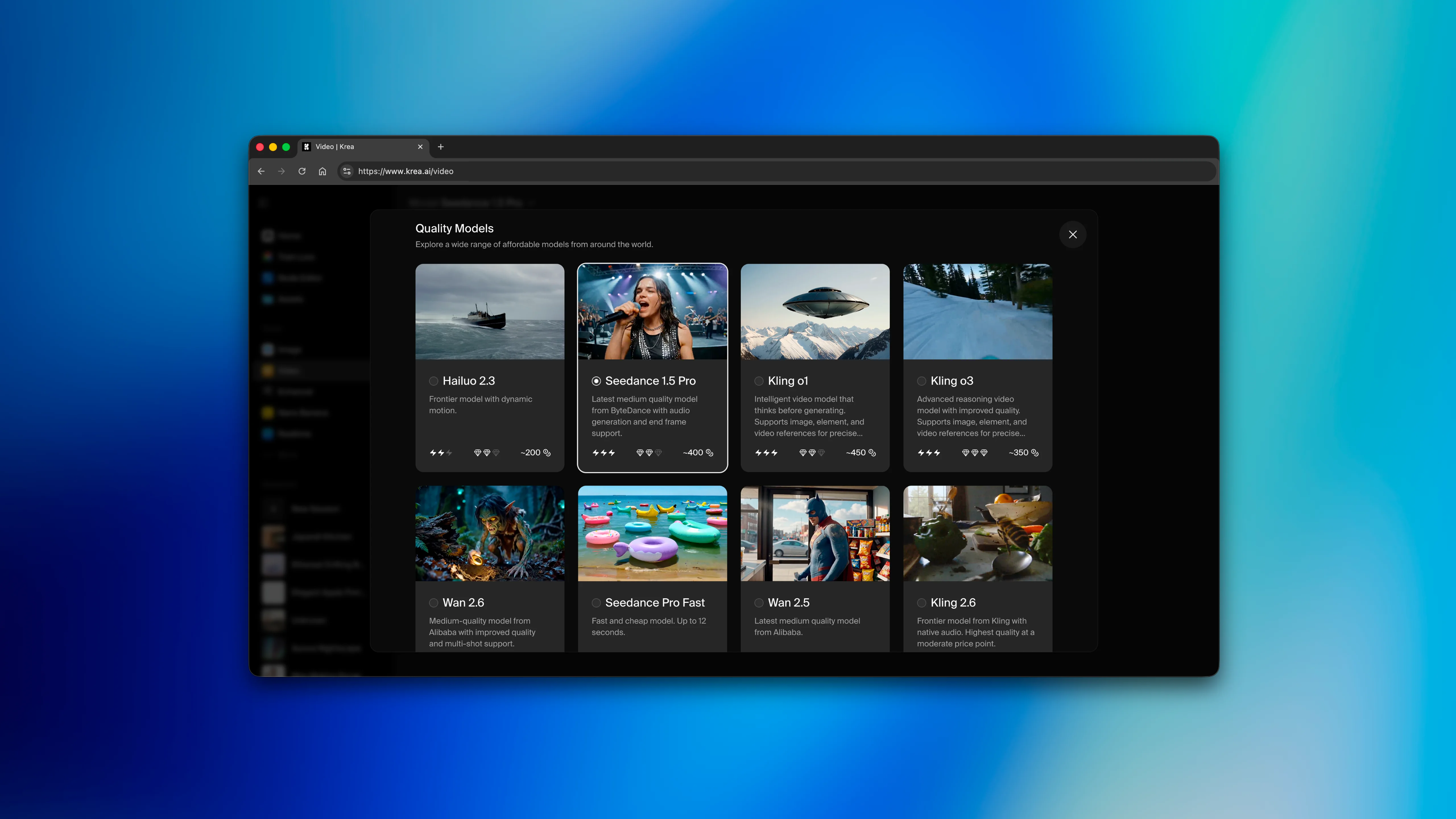 Model selection grid showing speed, quality, and cost for each AI model