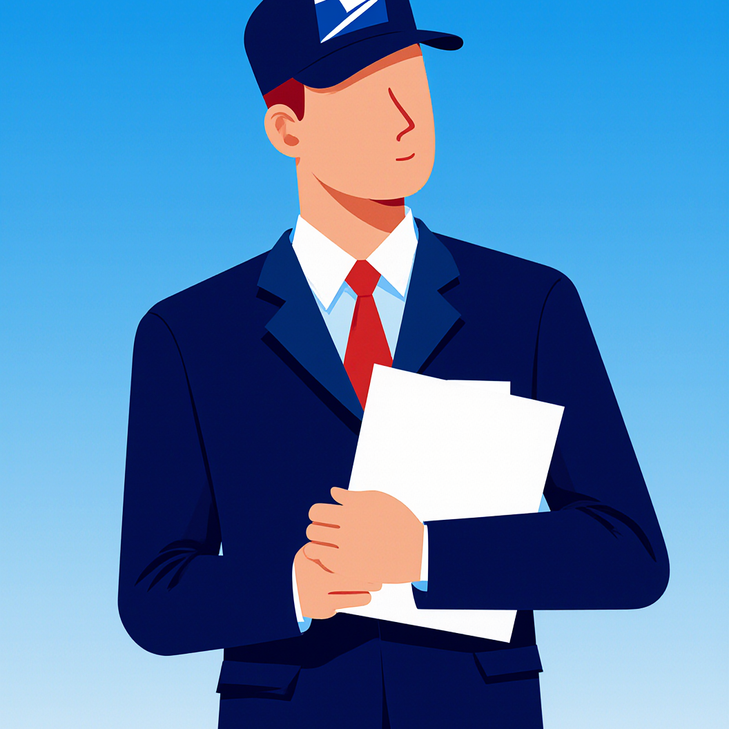 Corporate memphis style minimalist illustration of a mailman on blue background, slight gradients