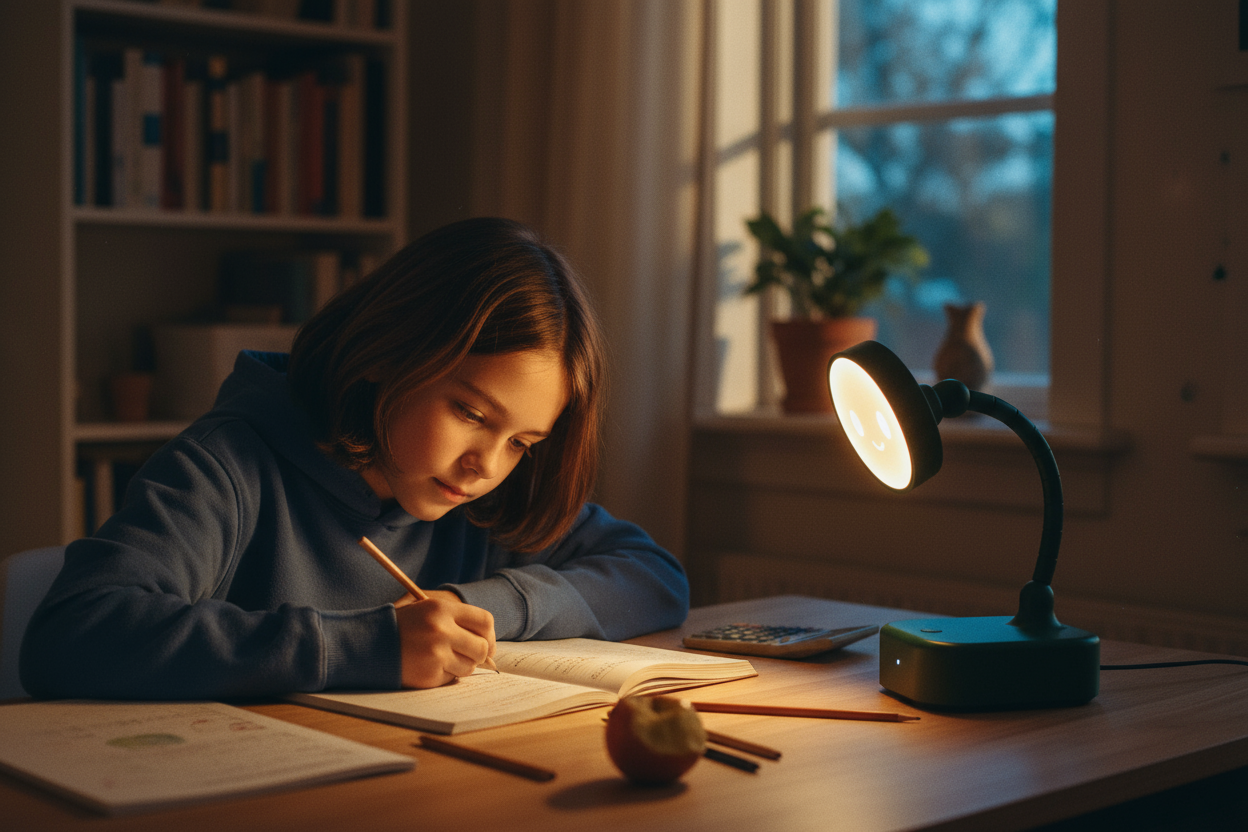 Child doing homework with gadget on a desk