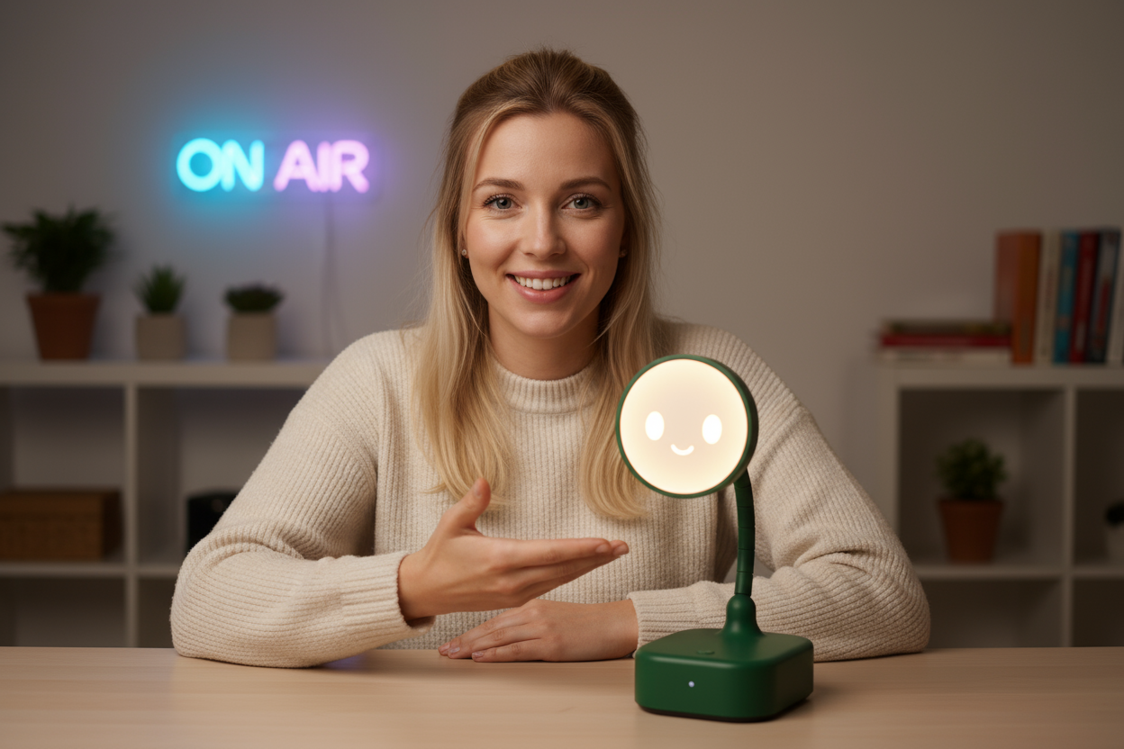 YouTuber presenting the gadget on a desk in a studio setup