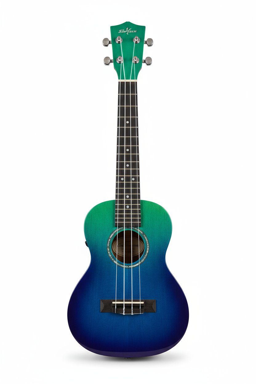 Ukulele photographed in a bright, minimal environment