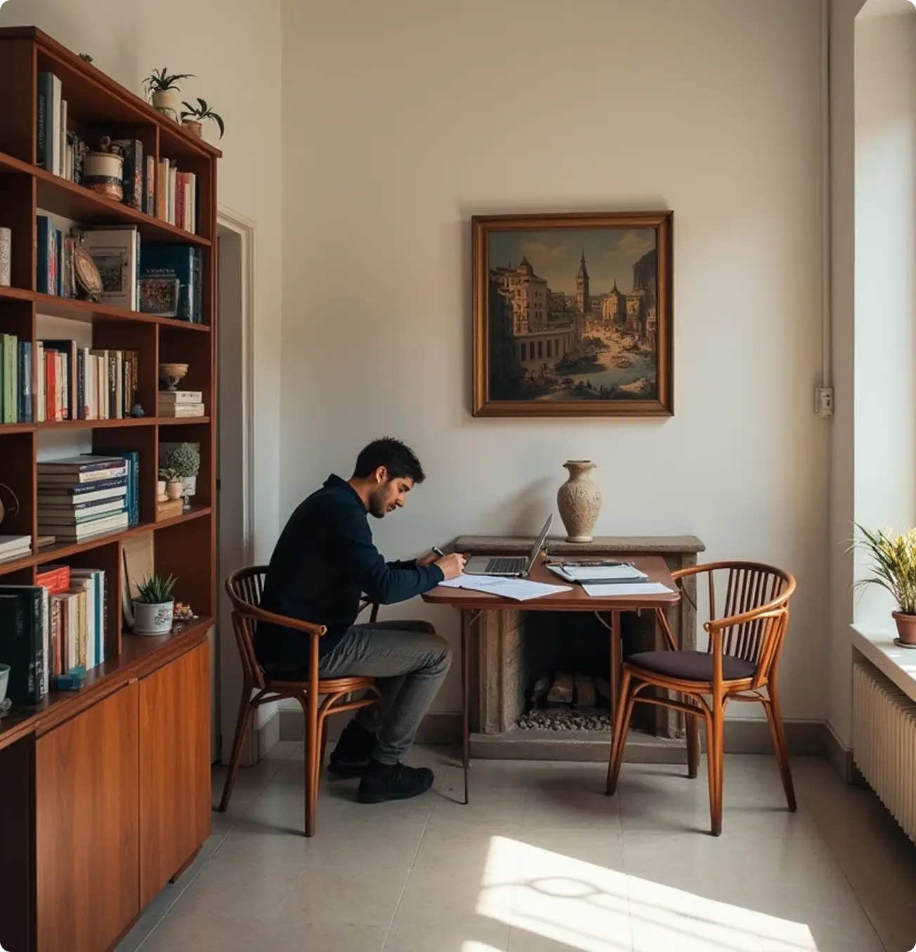 A pixelated image of an orange and white cat lying down, looking to the side, with blurred greenery in the background