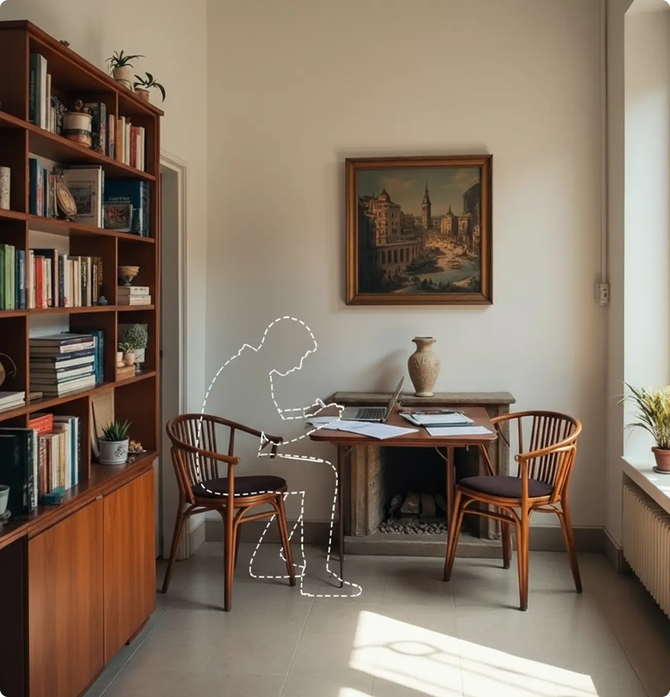 A pixelated image of an orange and white cat lying down, looking to the side, with blurred greenery in the background