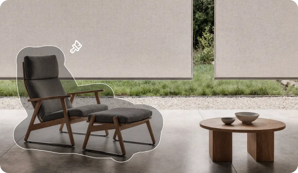 AI image editor example showing before and after of changing a chair