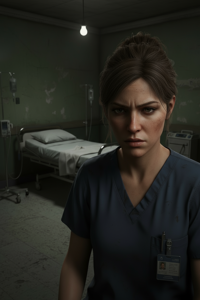 Gritty 3D AAA style character design of a nurse