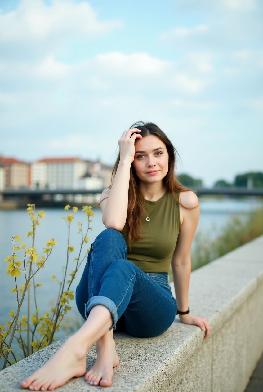 Woman sitting on a stone wall