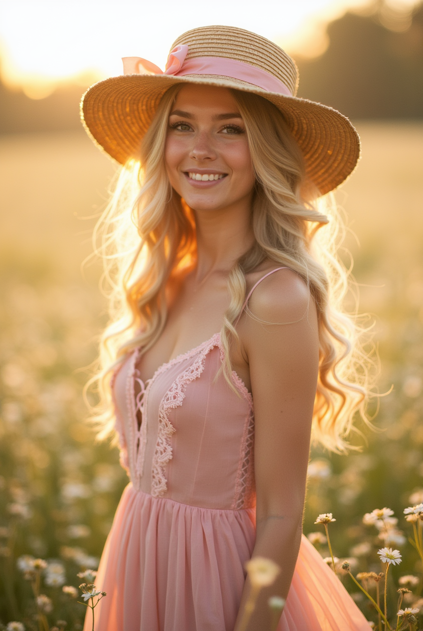 Woman in pink dress in a flower-filled field