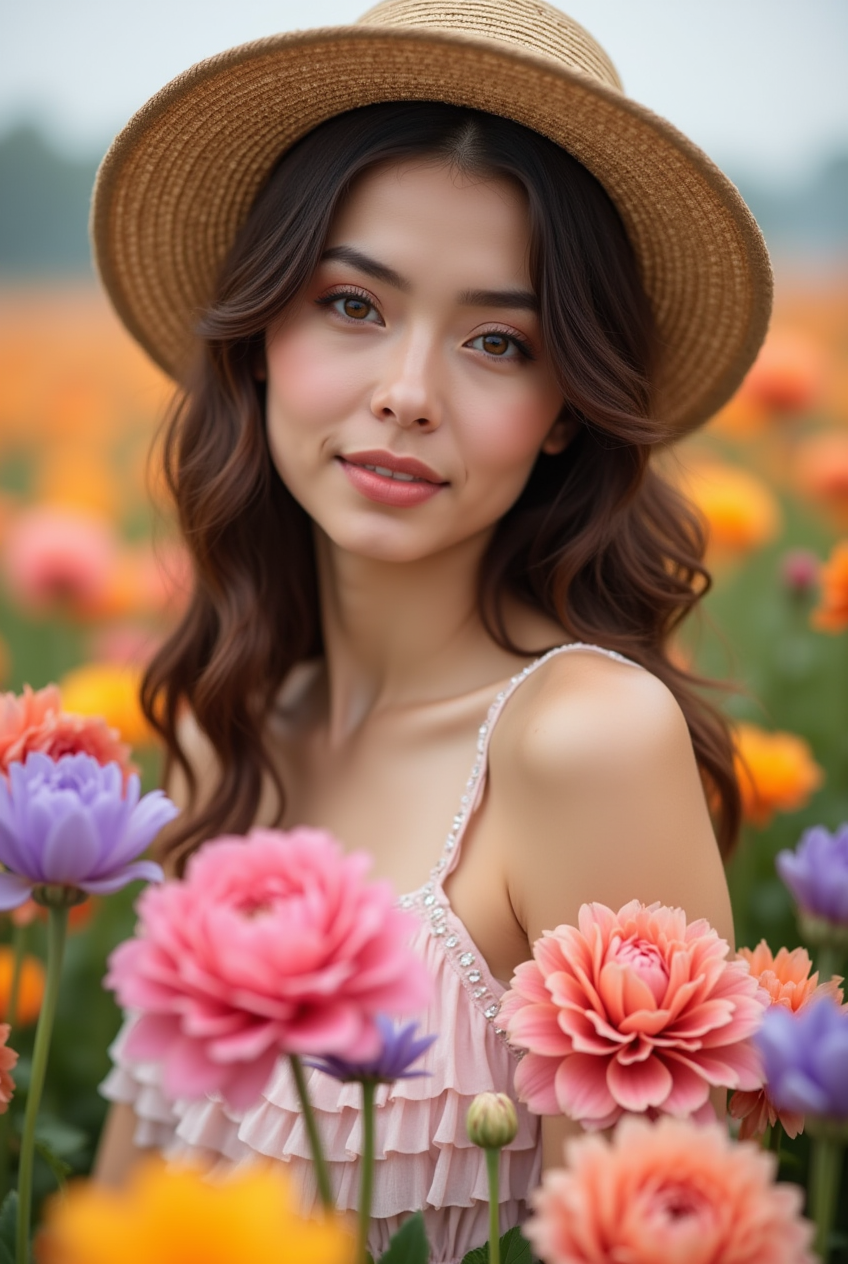 Woman surrounded by colorful flowers