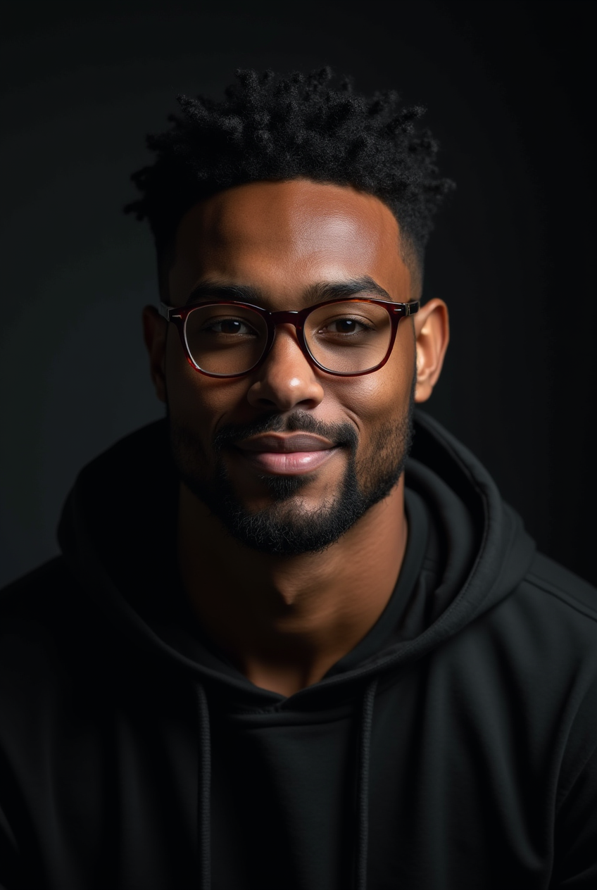 Retrato de homem negro com óculos e capuz