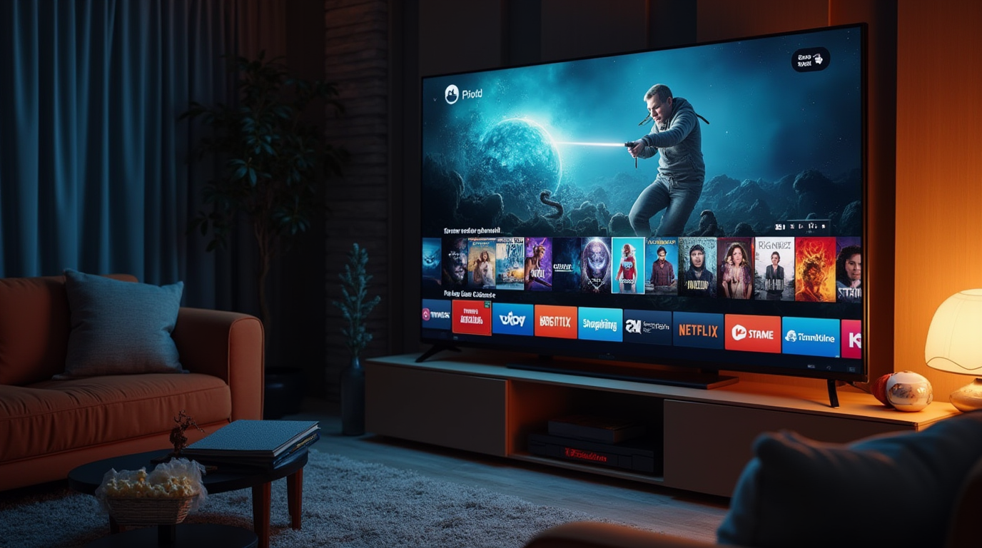 Smart TV with Free Streaming Apps Interface 📌 Description: A modern Smart TV with an open interface showing the best free apps for watching series and movies. The app icons appear aligned, while suggestions for popular movies and series appear on the screen. 📌 Background details: A home cinema room, with comfortable sofas, soft lighting and a bucket of popcorn on the side, creating a perfect atmosphere for binge-watching movies and series. cinematic