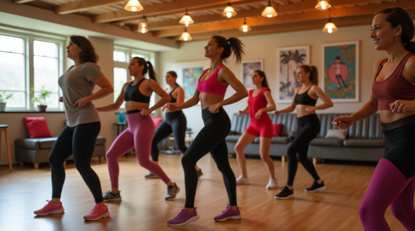 Zumba Cardio room: a fun group repeats movements to Latin American rhythms.