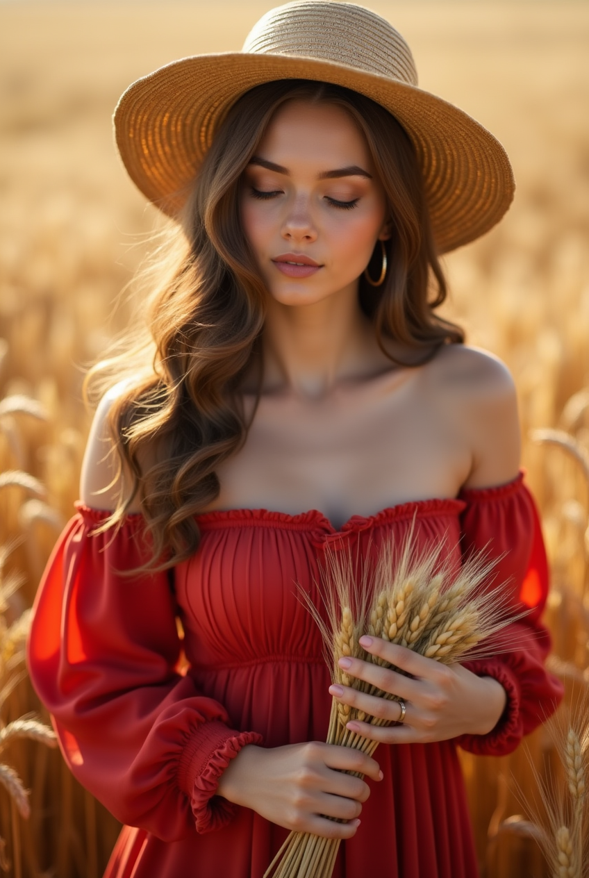 Woman in red dress in a wheat field