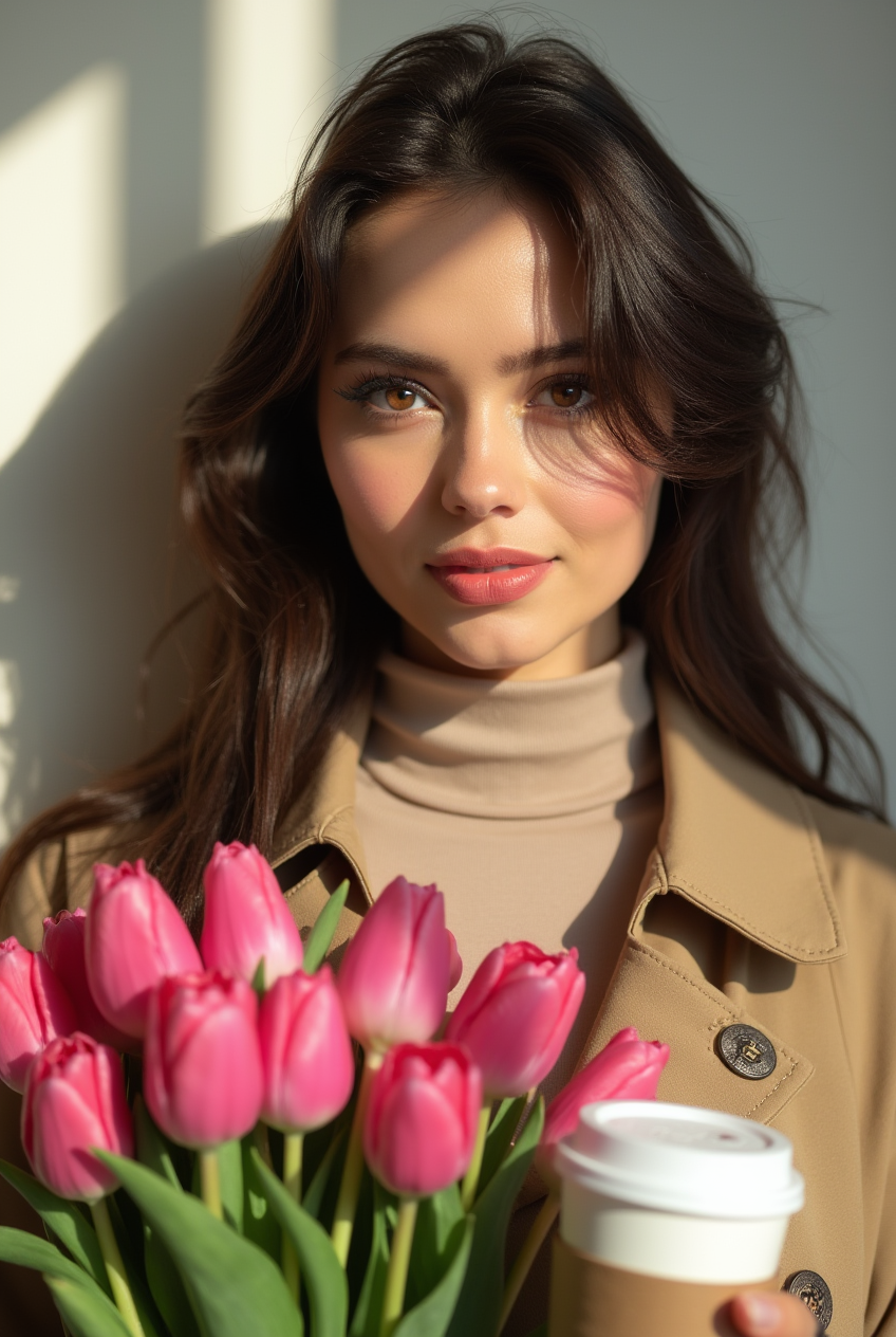 Woman with tulips and coffee
