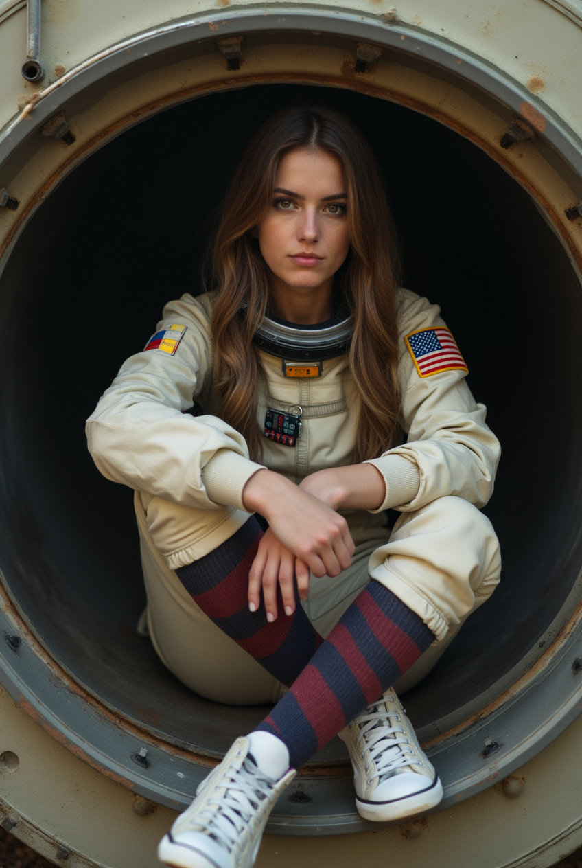 Woman in spacesuit sitting in a hatch