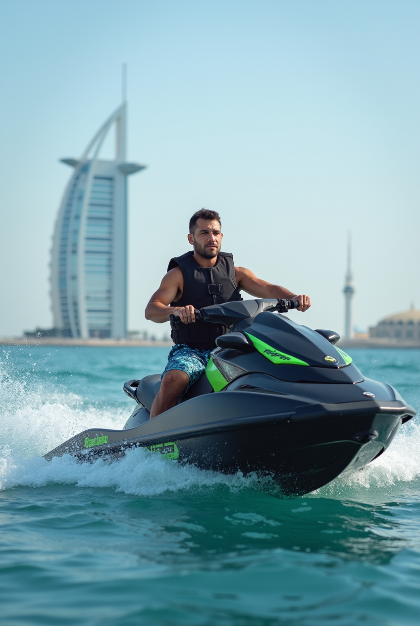 Homem em jet ski com Burj Al Arab ao fundo
