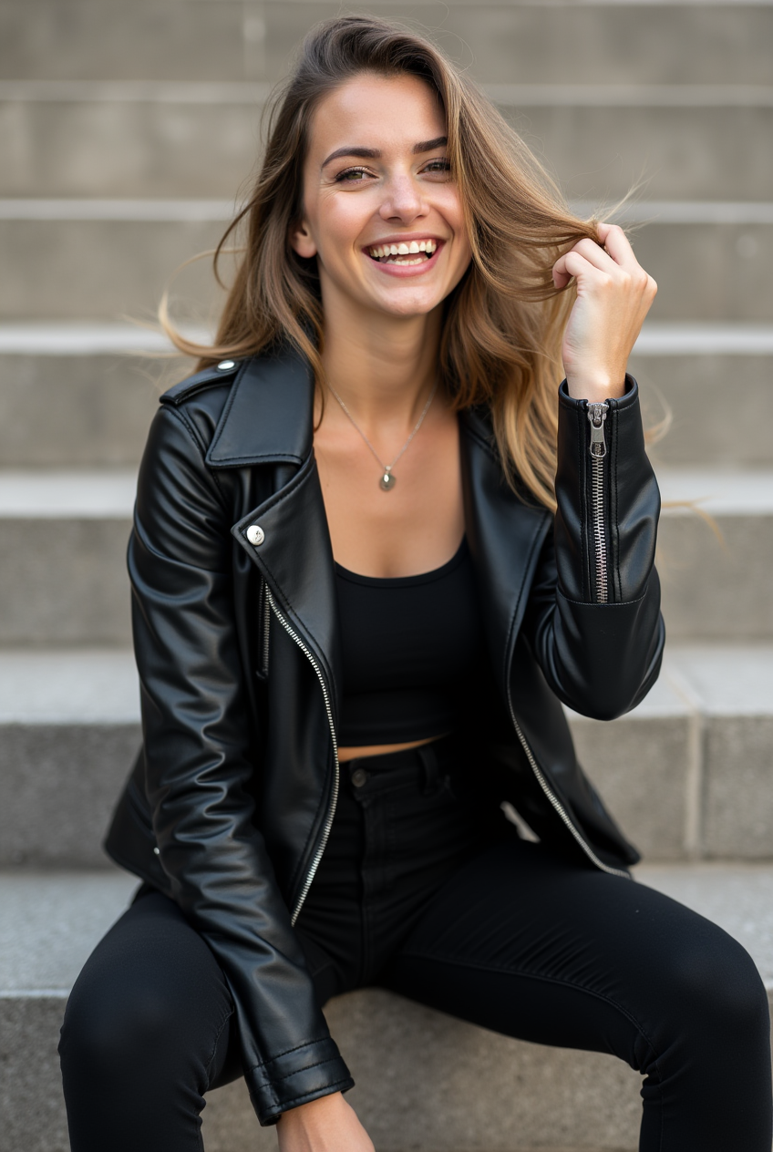 Young woman sitting on concrete steps in urban setting