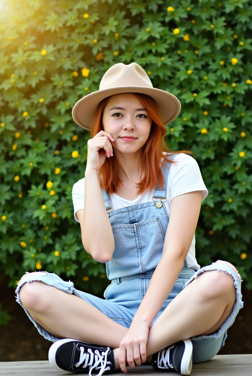 Woman in denim overalls sitting in a garden