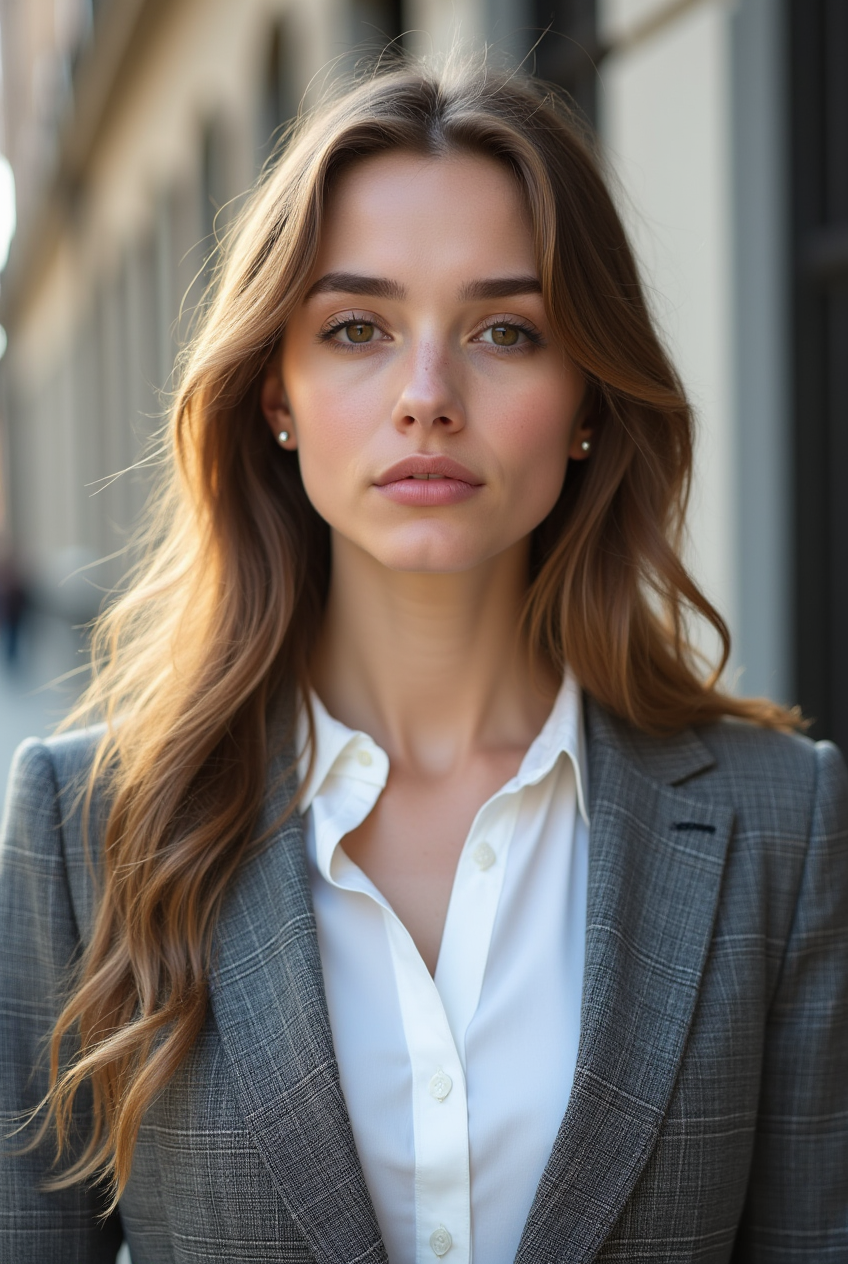 Woman in gray plaid blazer with wind-blown hair