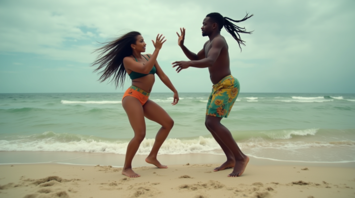 Dancehall Boy and girl dancing Jamaican Dancehall: energetic hip movements on beach background.