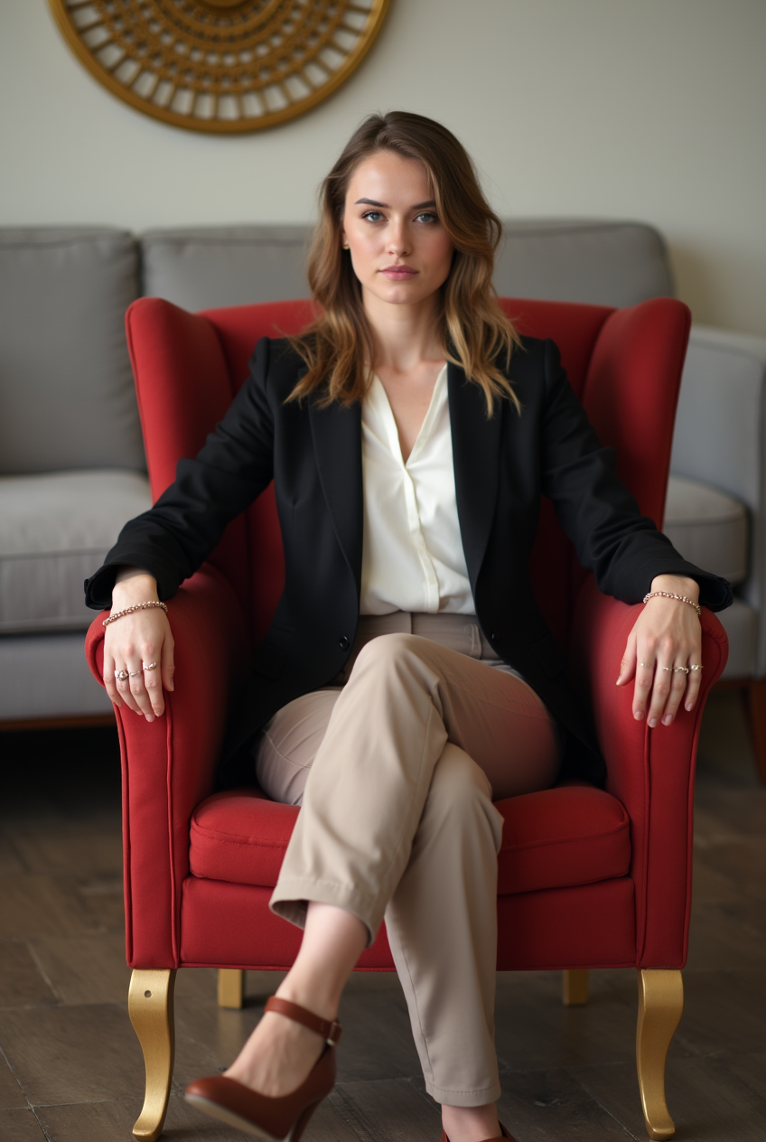 Woman in black blazer sitting in a red armchair