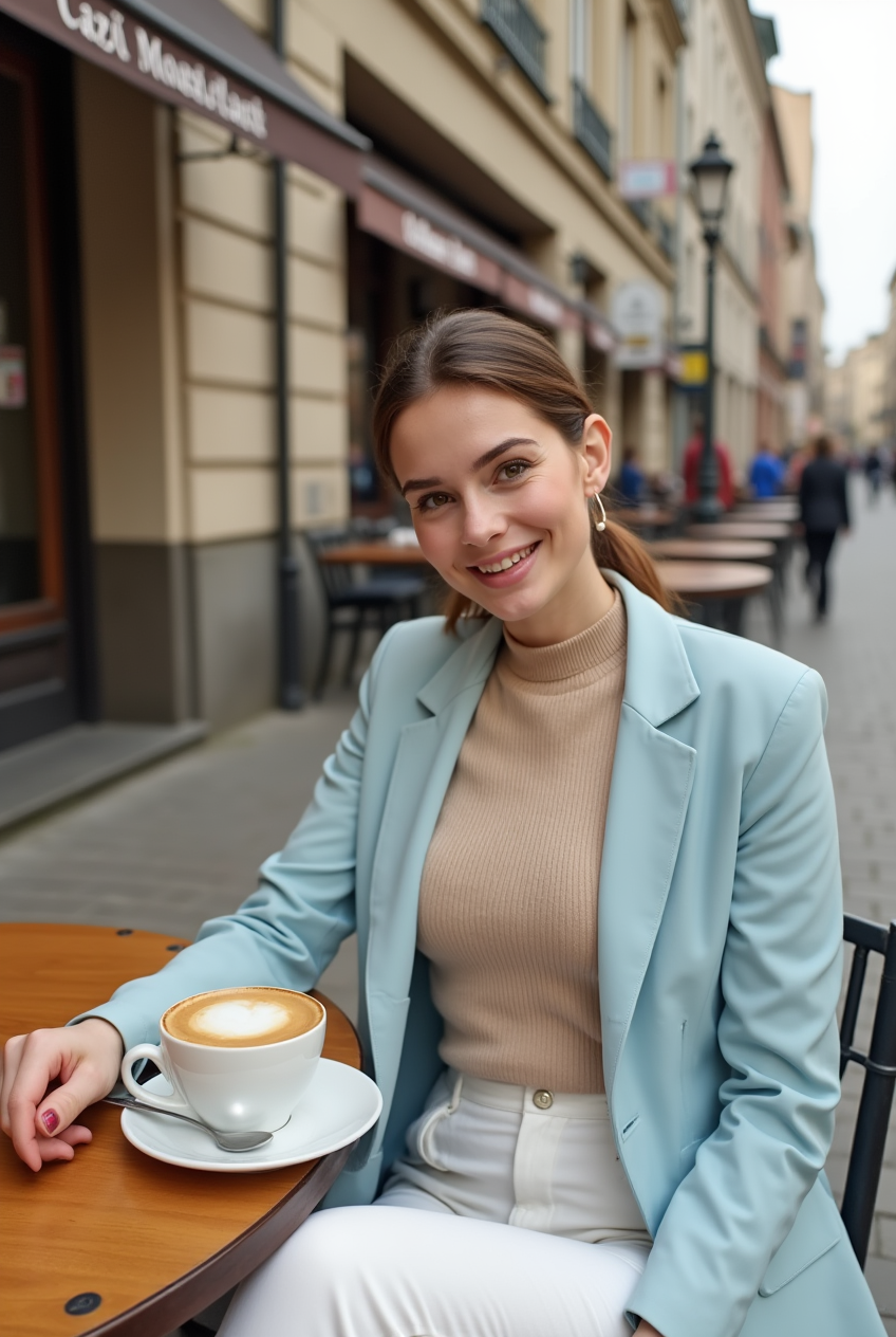 Woman at outdoor cafe with cappuccino
