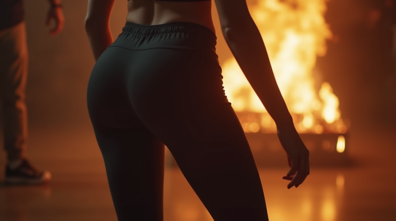 Twerk Incendiary Twerk: a girl in sports leggings actively works her buttocks to the bass.