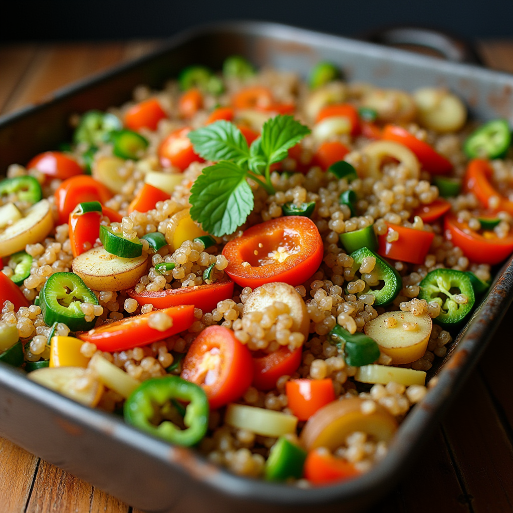 Verduras variadas (pimientos, calabacín, cebolla) troceadas en una bandeja listas para asar en el horno para ensalada de quinoa