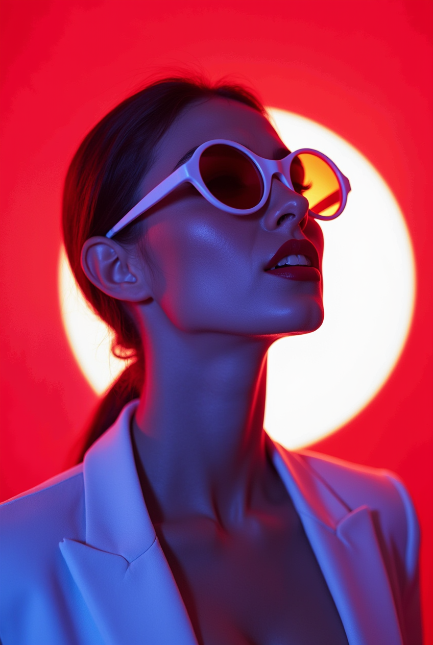 Woman in urban night with mirrored sunglasses and silver chains