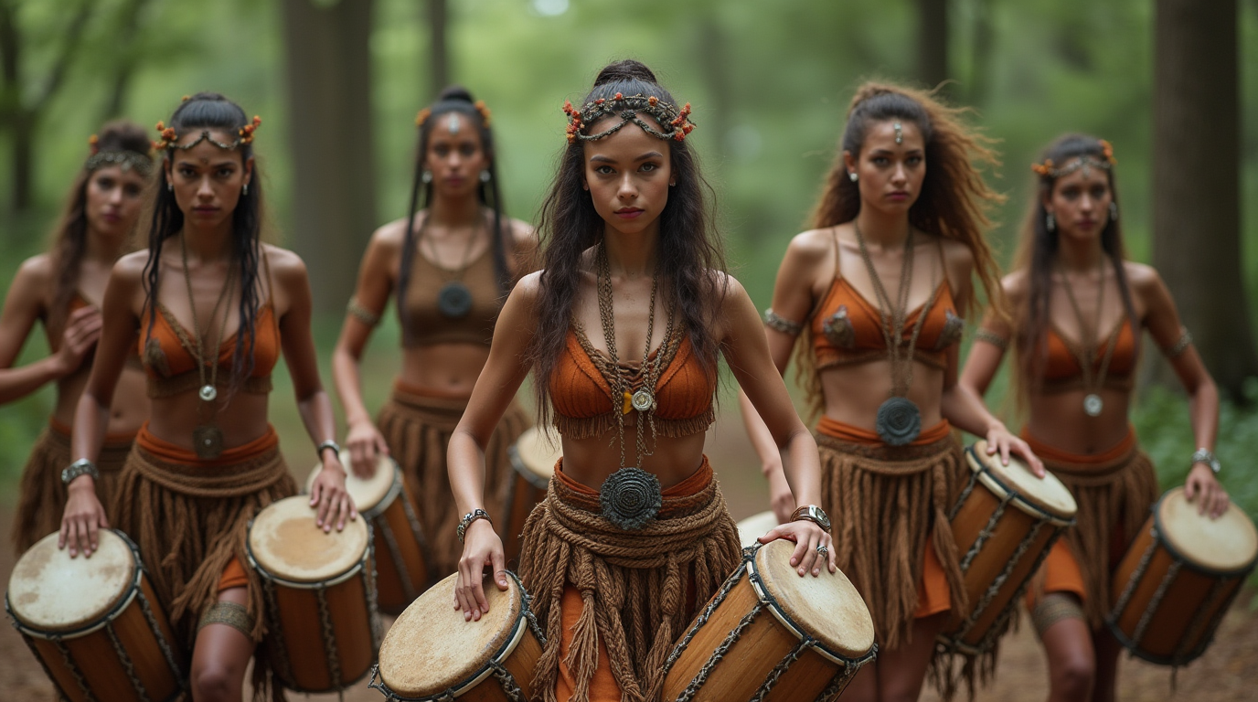  Tribal A group of dancers in ethnic costumes: synchronised movements to the drums, background - forest glade.