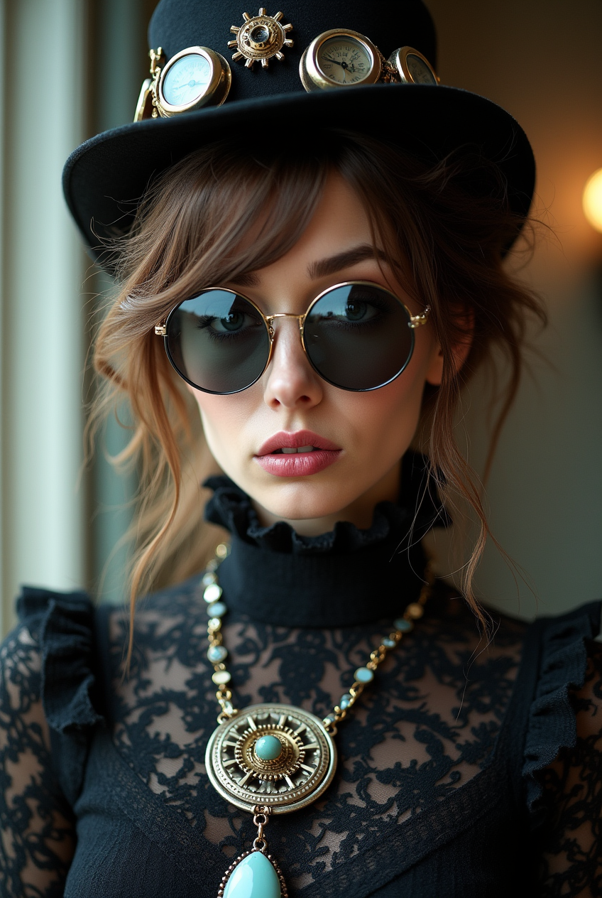 Woman in steampunk style with black lace turtleneck